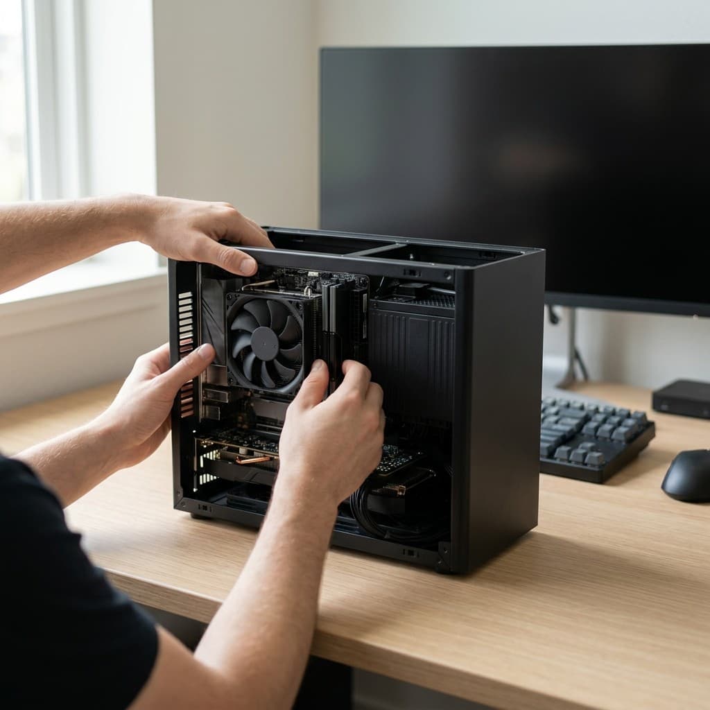 Hands assembling components inside a compact Mini-ITX PC case