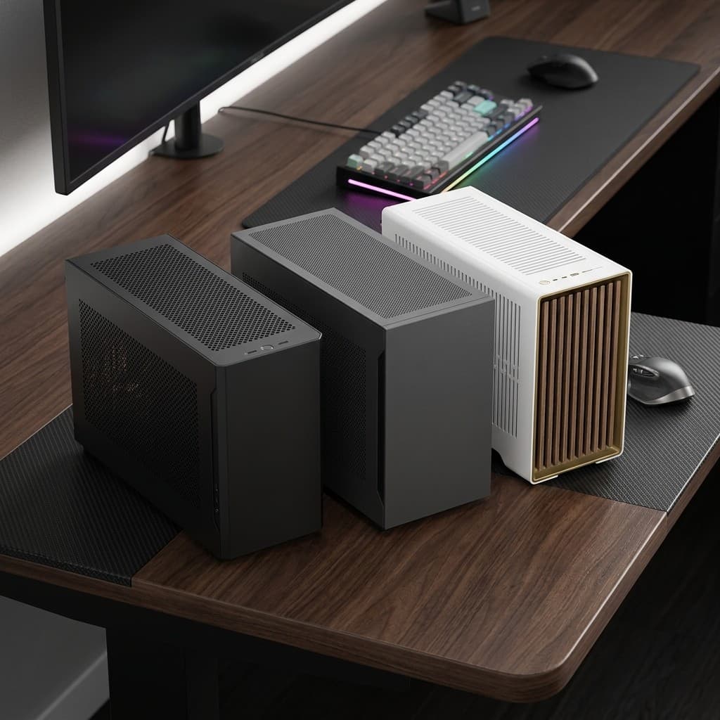 Three Mini-ITX cases lined up for size comparison on a desk