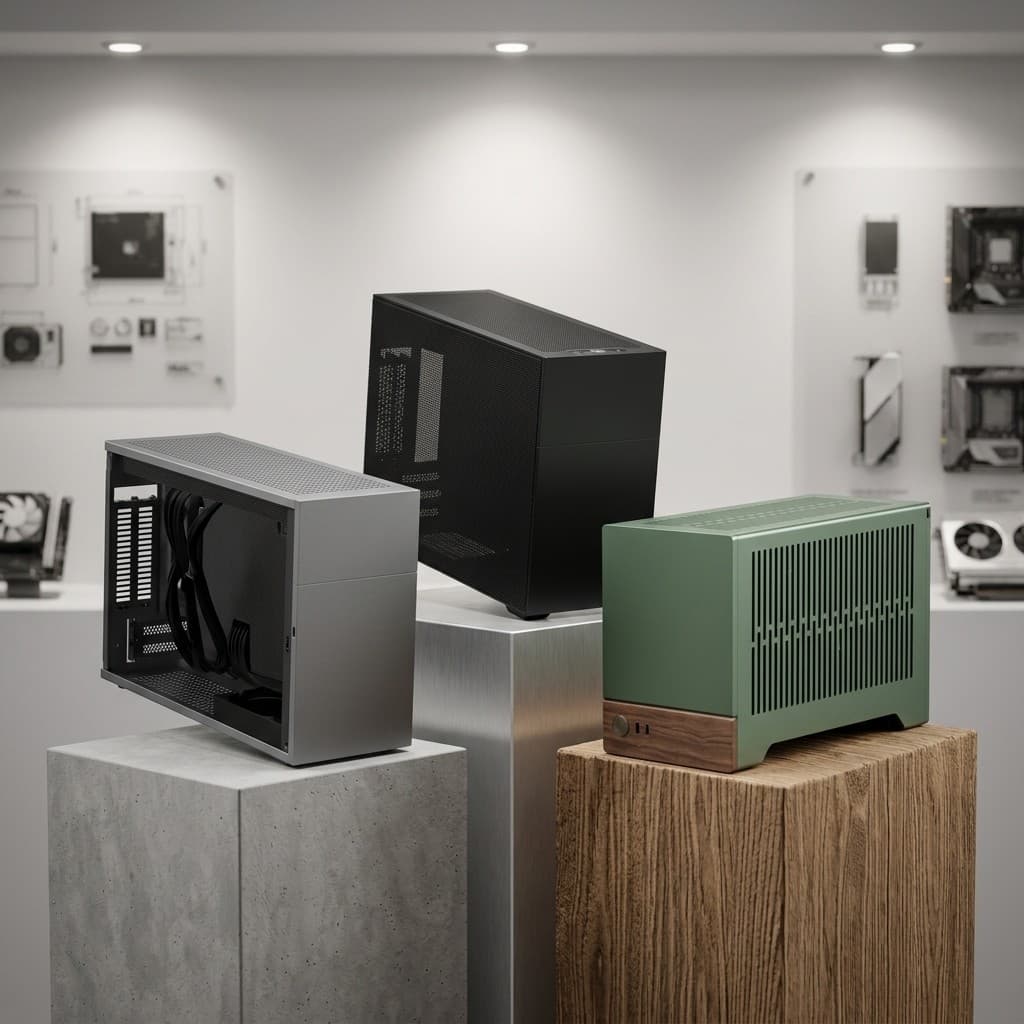 Three SFF cases on pedestals ranked from favorite to runner-up