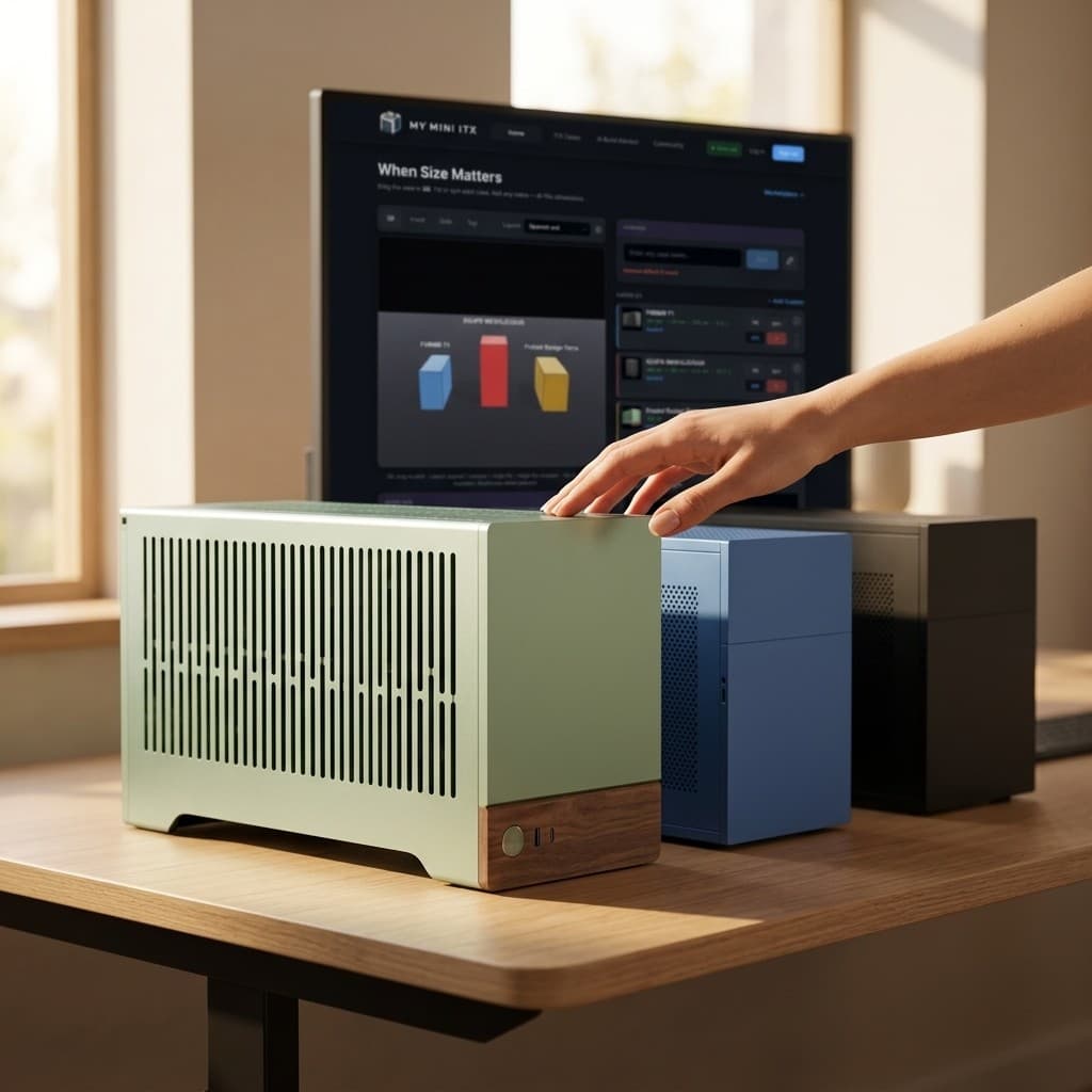 Comparing Mini-ITX cases on a desk while My Mini ITX Case Lab shows the same shells on screen