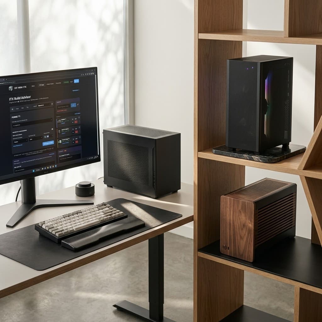 Clean desk with a working Mini-ITX PC and more cases displayed on a shelf